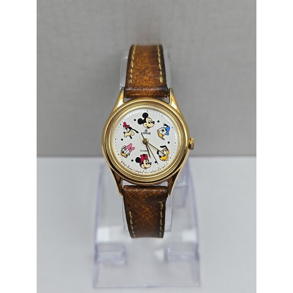 Rare Lorus Mickey & Pals Watch Gold Tone New Battery Leather Disney Characters